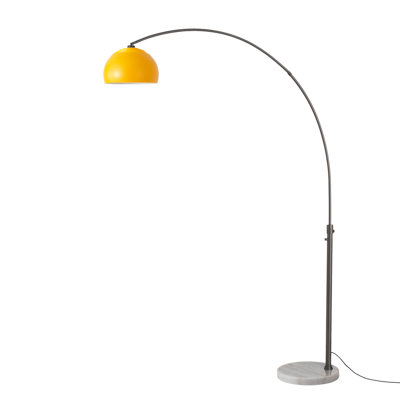 Lampe à arc demi-dôme 92 po - nickel noir, base en marbre blanc, abat-jour en acier moutarde demi-dôme, à intensité variable, ampoule incluse