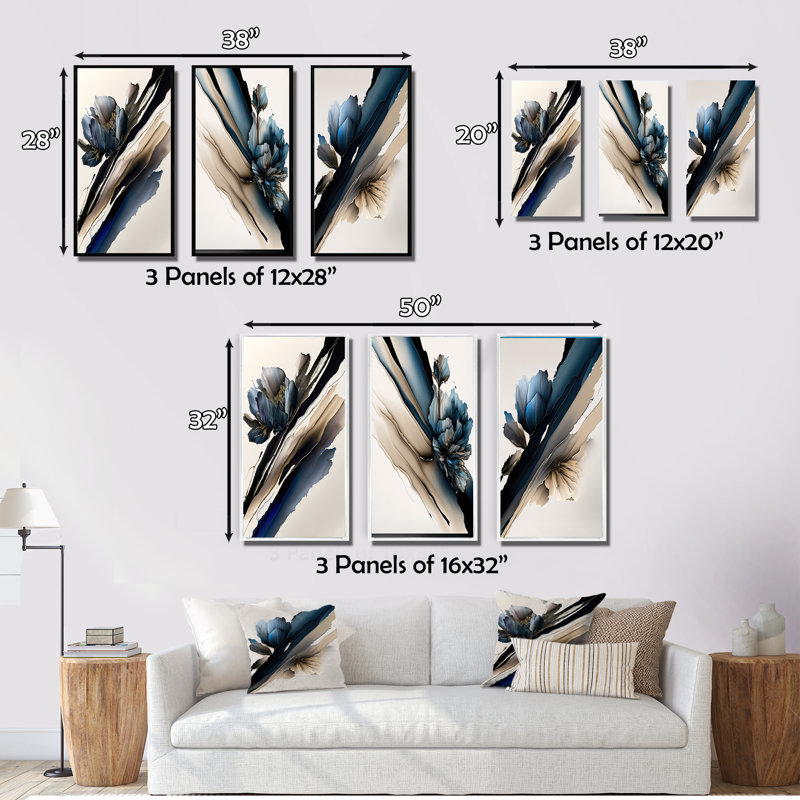 «Hyperrealistic Peony Flowers», 3 pièces sur toile, Noir, H 32 po x l 48 po