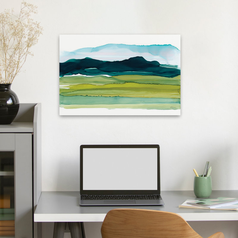«Enriched Valley II», art abstrait à l'encre bleue avec des nuages, H 16 po x l 24 po