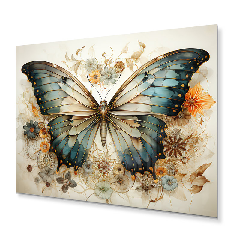 Papillon beige sarcelle, motifs complexes - animaux, impressions murales en métal, H 12 po x l 20 po