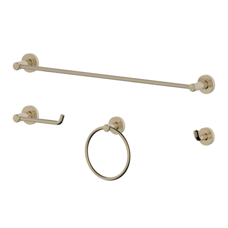 Kree Collection 4 Piece Bathroom Hardware Set: 24" Towel Bar, Towel Ring, Toilet Paper Hook & Robe Hook - Brushed Gold