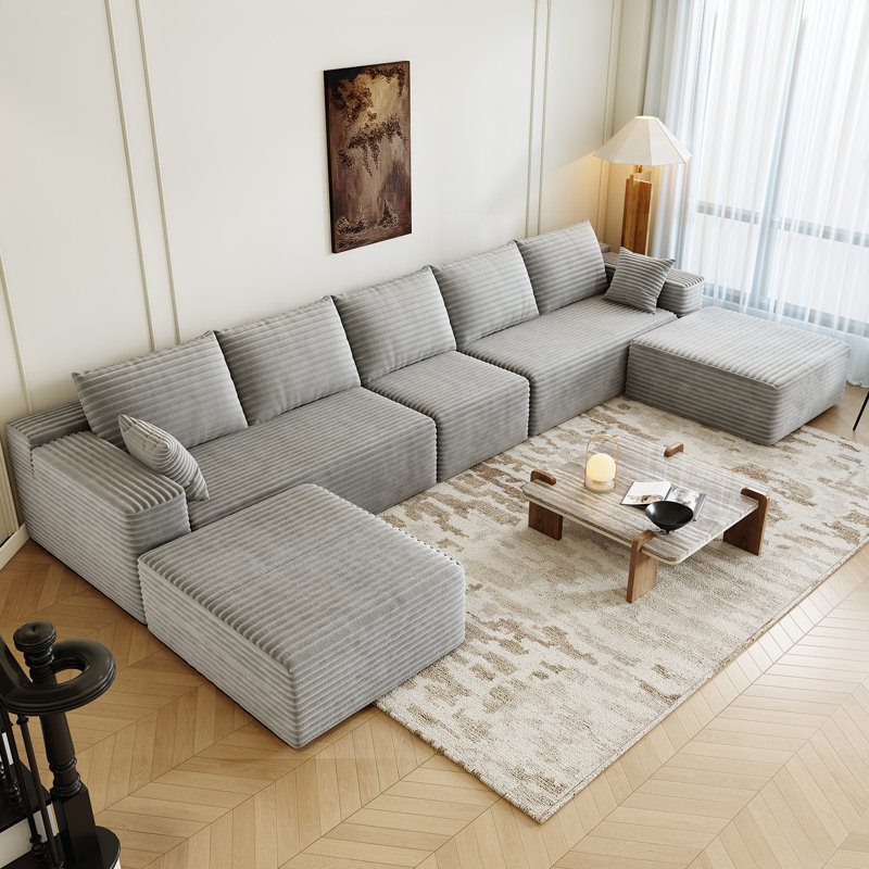 168.5" Modular Sectional Sofa, Oversized U-Shaped Minimalist Couches with 1 Middle Seat and 2 Ottomans Chaise, Modern Deep Seat Convertible Sleeper Sofa, Cloud Plush Corduroy Fabric,7 Seater