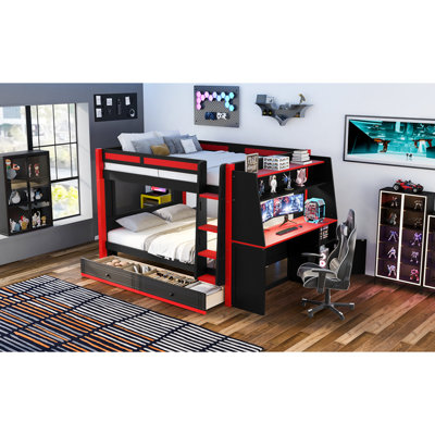 Lit superposé double pleine grandeur avec lumière DEL, bureau et étagères, tiroirs, rouge et noir