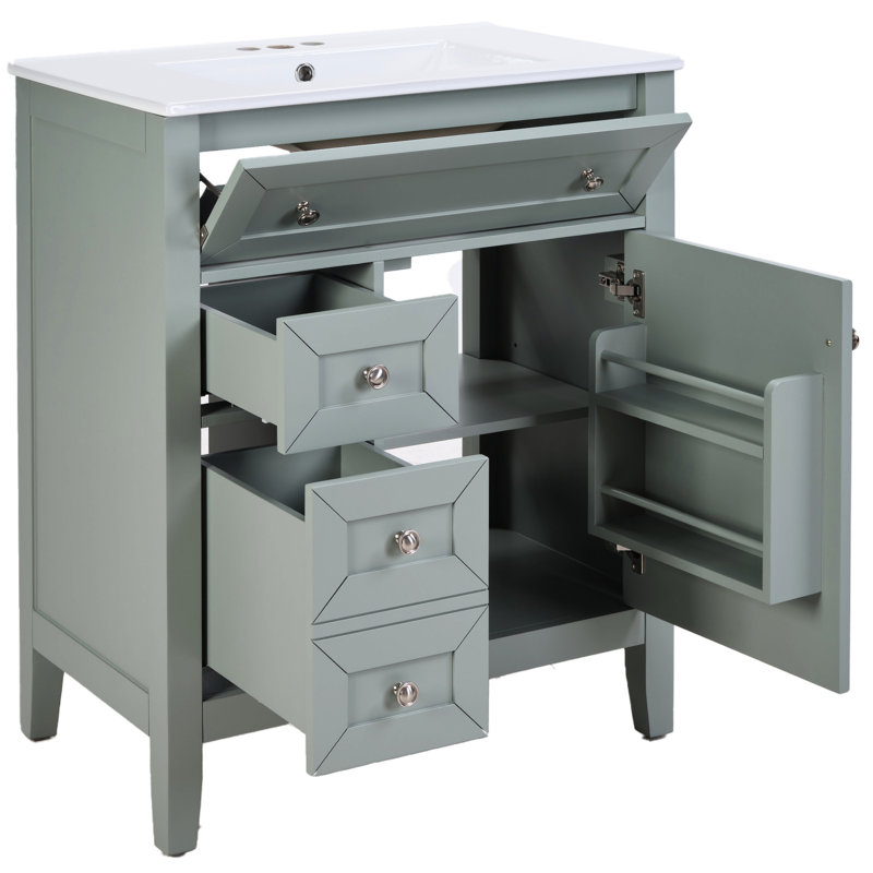 Grey Solid Wood Bathroom Vanity With Ceramic Undermount Sink, Flip Bin, Adjustable Shelf, -, Smooth Operation For Storage Drawer, 70Kg Load, Quiet Operation, Easy Setup