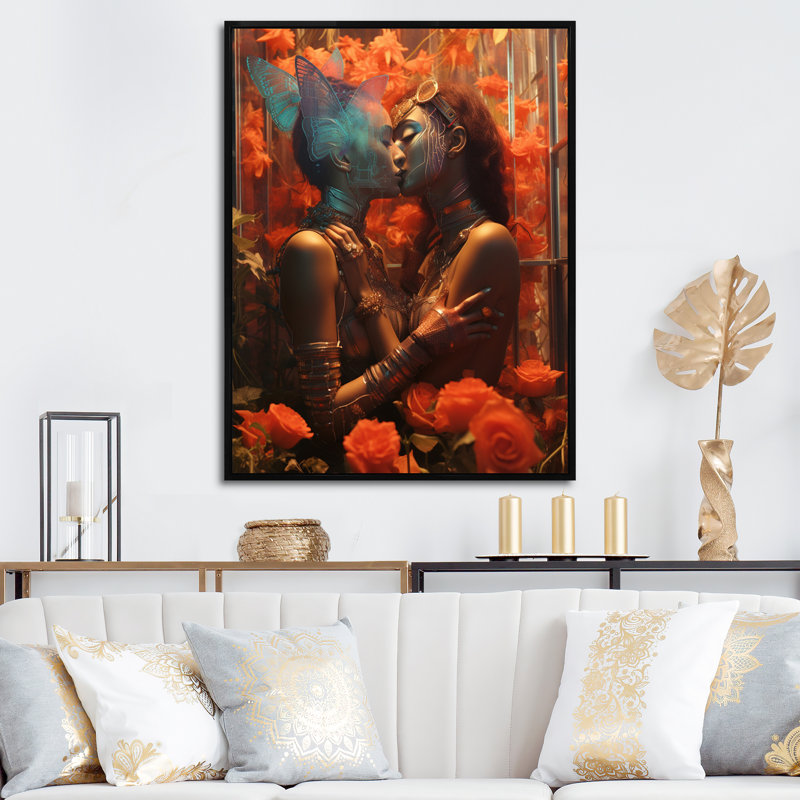 Portrait rétro d'amoureux s'embrassant sur toile, H 44 po x l 34 po x P 1,5 po, Cadre flottant noir