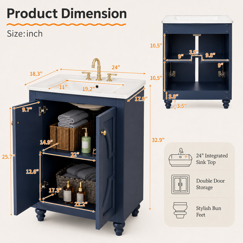 Meuble-lavabo de 24 po avec lavabo en céramique Mavessa, Bleu