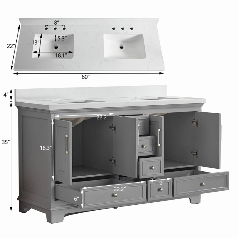 Meuble-lavabo double autoportant de 60 pouces avec deux lavabos, Gris