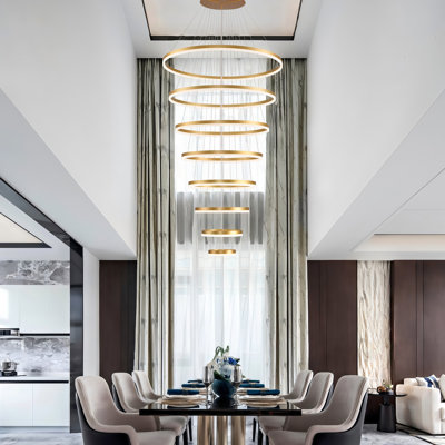 8-Rings Modern Led Chandelier Gold Contemporary Dimmable Ceiling Pendant Light With Remote Control, Foyer High Ceiling Chandelier For Staircase Living Room Entryway