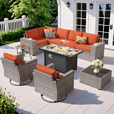 7 - Person Patio Furniture Set with Swivel Rocker, Outdoor Wicker Rattan Sectional Seating Group with Cushions, All Weather Sofa Conversation Set with Fire Pit Table for Garden Backyard