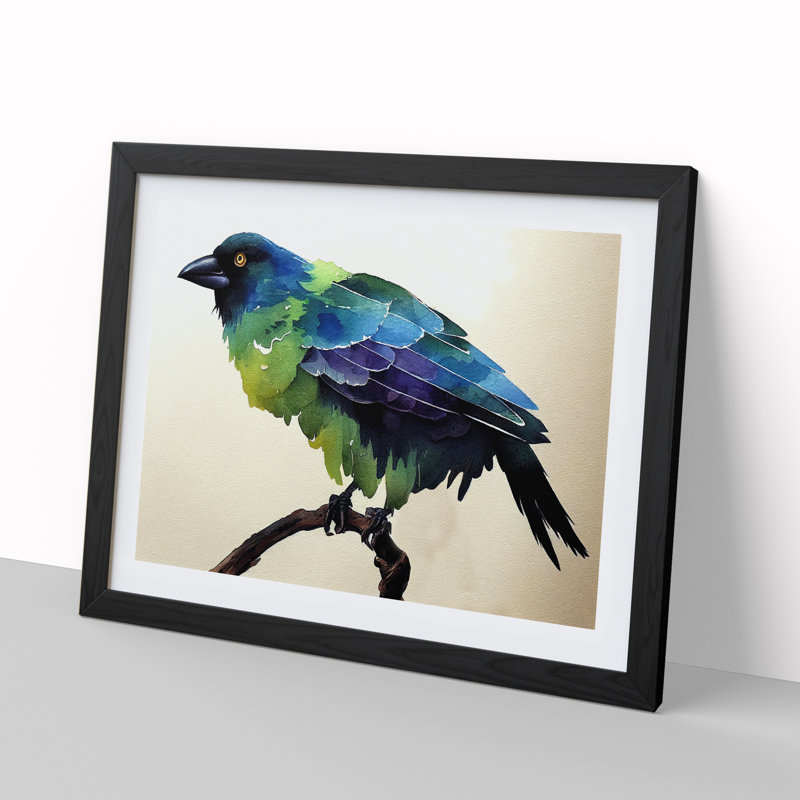 Crow Bird Watercolour - Single Picture Frame Print, 46cm H x 64cm W x 2cm D, Black