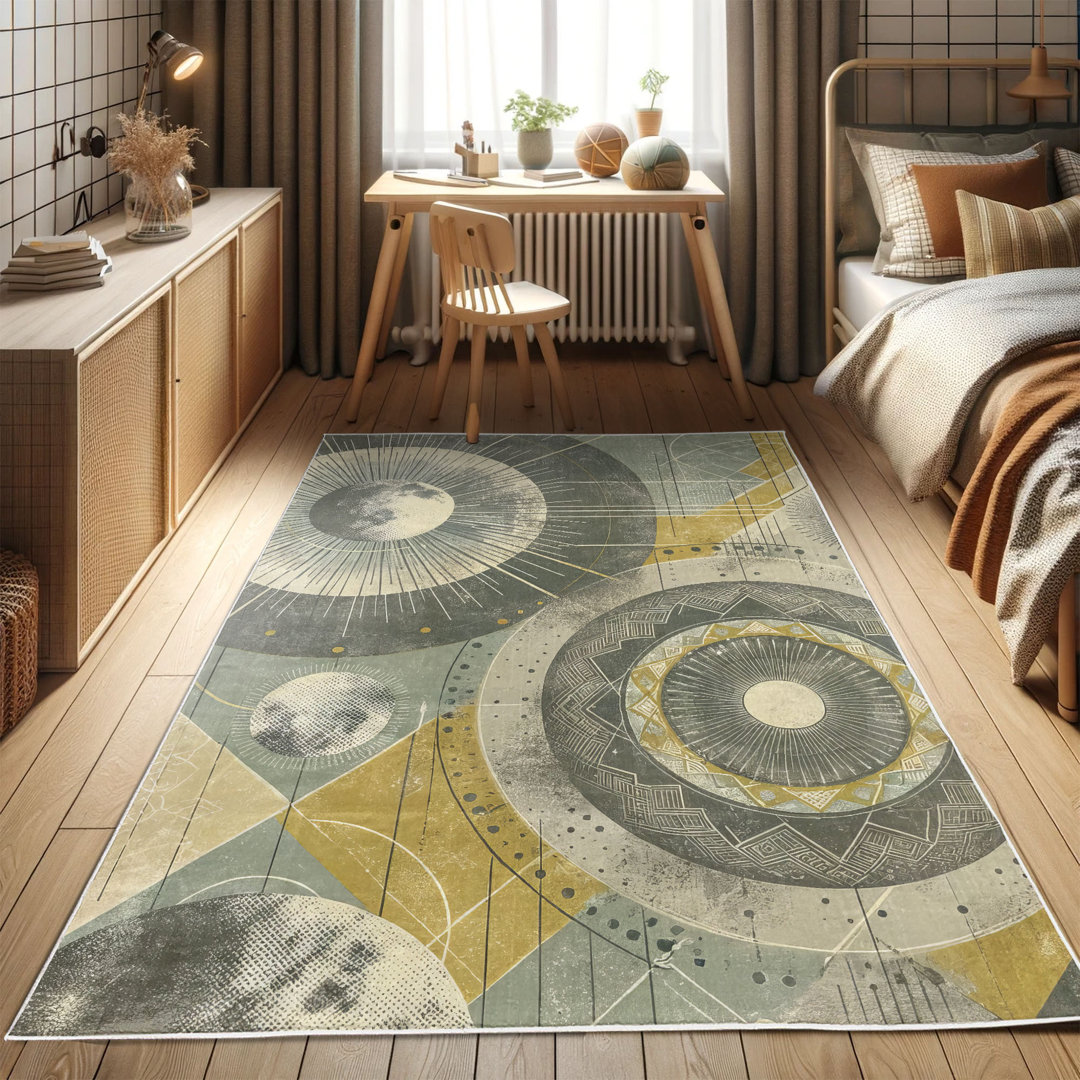 Dekorativer Teppich, Geometrisches Mond Mandala Gedämpft, Grau Teal Braun Gelb