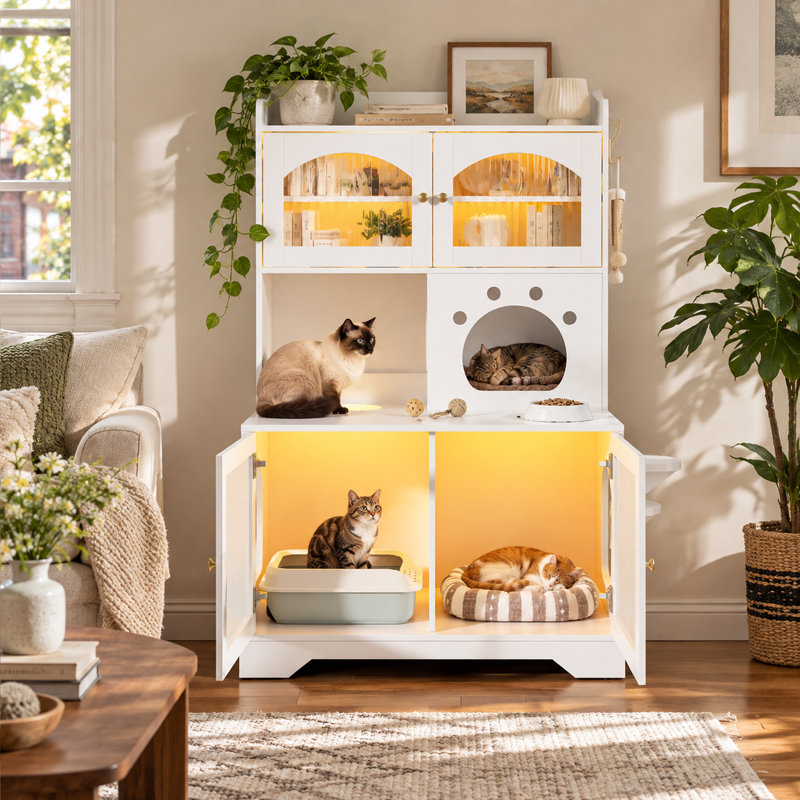 Enceinte de litière pour chat à 3 niveaux avec armoire de rangement, portes en verre cannelé et plateformes d'escalade, Blanc