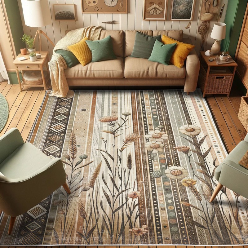 Earthy Tan and Pale Teal Striped Synthetic Area Rug 2'3" x 3'9"