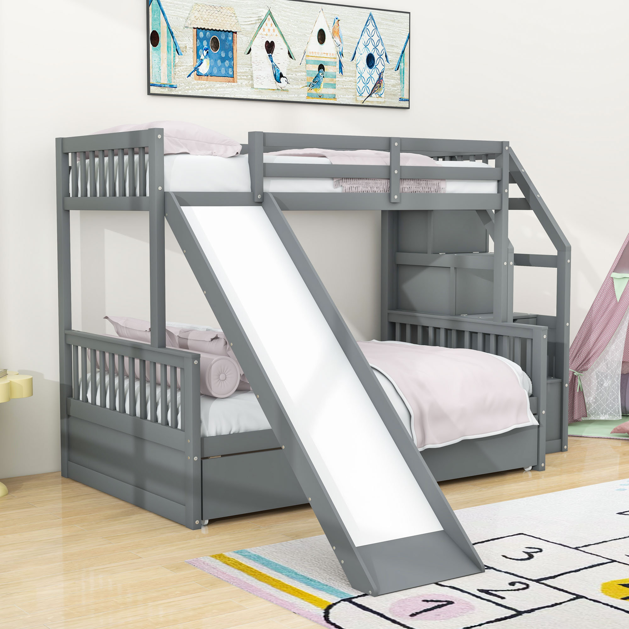 Harriet Bee Twin Over Full Wooden Bunk Bed With Storage Staircase ...