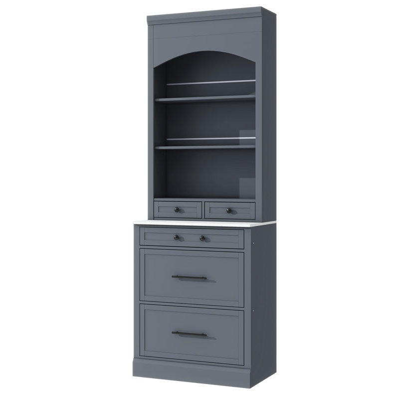 Modern 83.7" Tall Kitchen Pantry with Faux Marble Top, 5 Drawers & Adjustable Shelves, Freestanding Hutch Cabinet, Gray, Gray