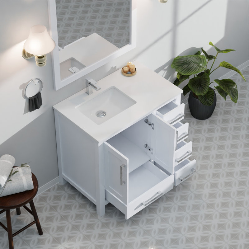 Meuble-lavabo blanc 36 po X P 22 po D, ensemble de comptoir en quartz blanc décalé à gauche et robinet, Blanc