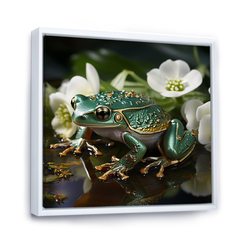 Grenouille verte sur verre, impression sur toile, H 16 po x l 16 po x P 1 po, Cadre flottant blanc