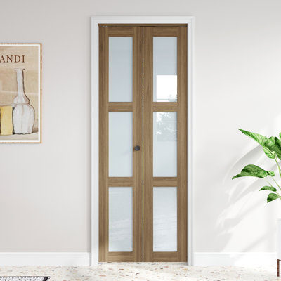 28" x 80" Double Bifold Door 3-Lite Frosted Glass Door Solid Wood With Installation Hardware Kit