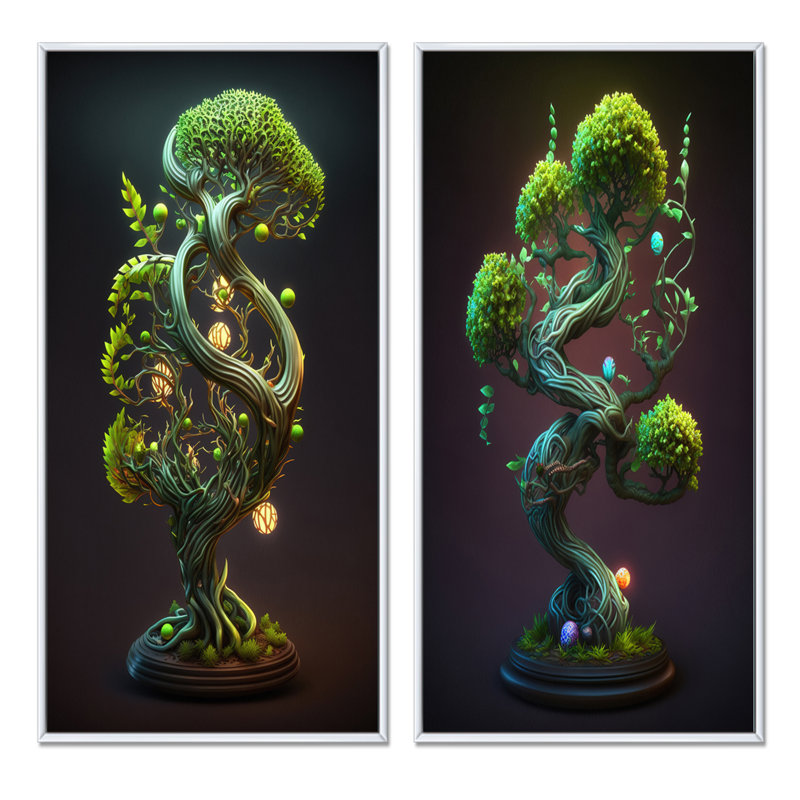 «Neon Bonsai Swirl Tree II», 2 pièces, Cadre blanc, H 20 po x l 24 po