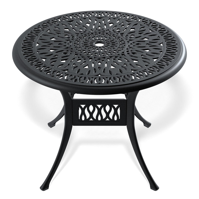 Table de salle à manger de patio en aluminium coulé 35,43 pouces avec structure noire et trou pour parasol