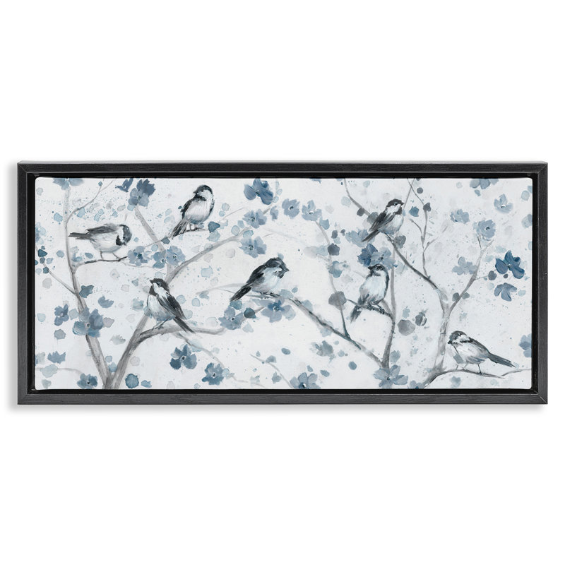 Oiseaux sur des branches tachetées, Cadre flottant noir de jais, H 11 po x l 25 po