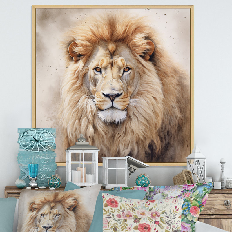Fierce Lion II - Lion, art mural, H 36 po x l 36 po x P 1,5 po, Cadre flottant en érable