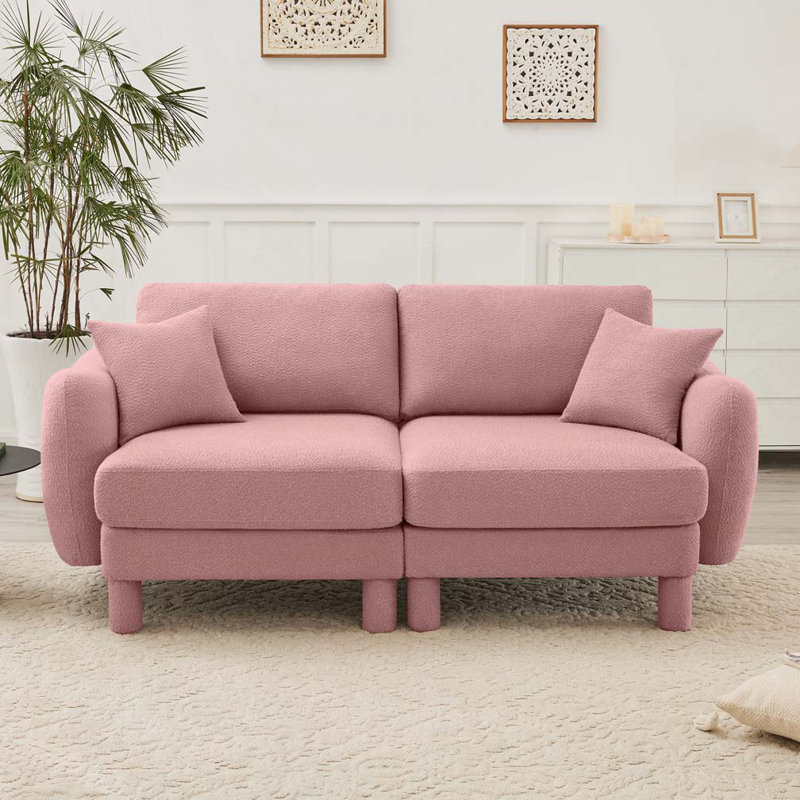 Boucle Fabric 2-Seat Sofa Including 2 Pillows, Pink, 2, 35" H x 78" W x 35.8" D