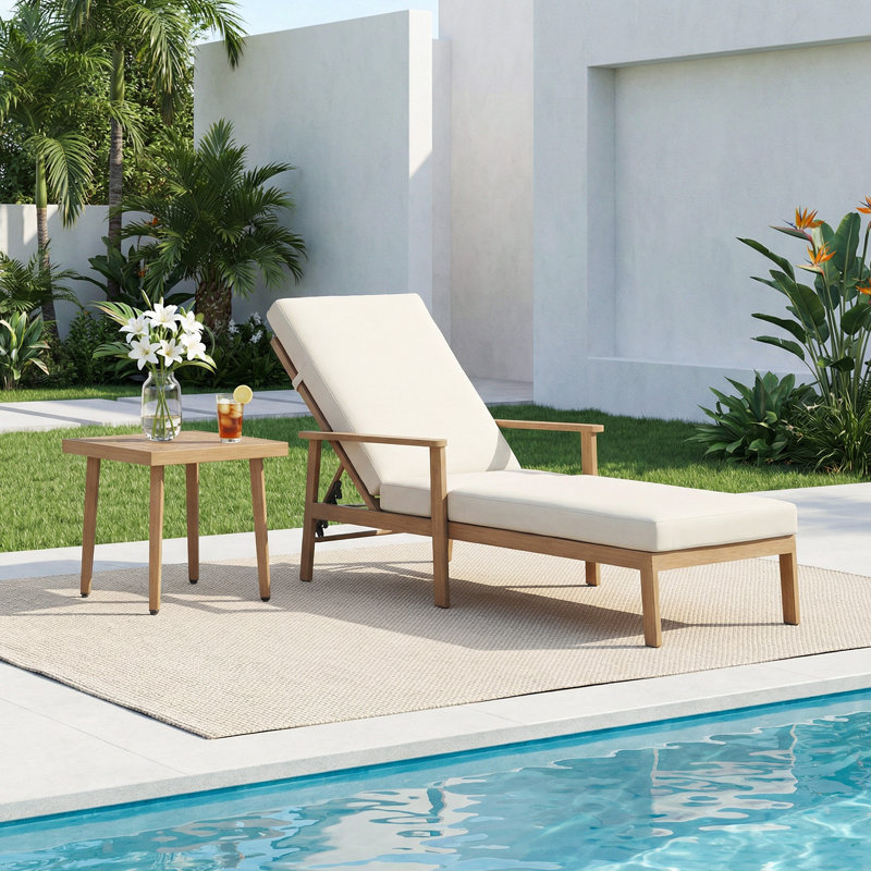 Ensemble de 2 chaises longues d'extérieur de style teck avec table d'appoint, chaises de piscine réglables en aluminium