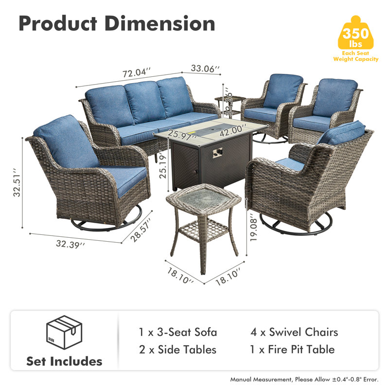 7 - Person Wicker Outdoor Conversation Set, Patio Sofa & Swivel Chair Set with Fire Pit and Cushions, Blue Cushion/Gray Frame
