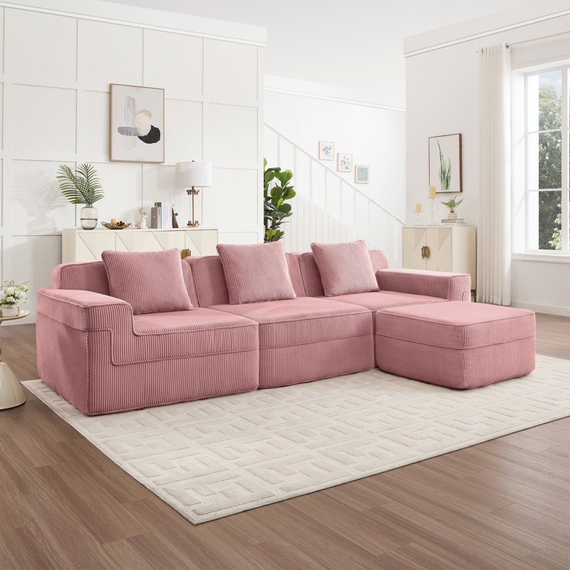 Canapé modulaire modulaire à 3 places en forme de L sans os, canapé modulaire Cloud avec assise profonde, canapé modulaire moderne à 3 places avec coussins décoratifs et 1 repose-pieds mobile, tissu en velours côtelé