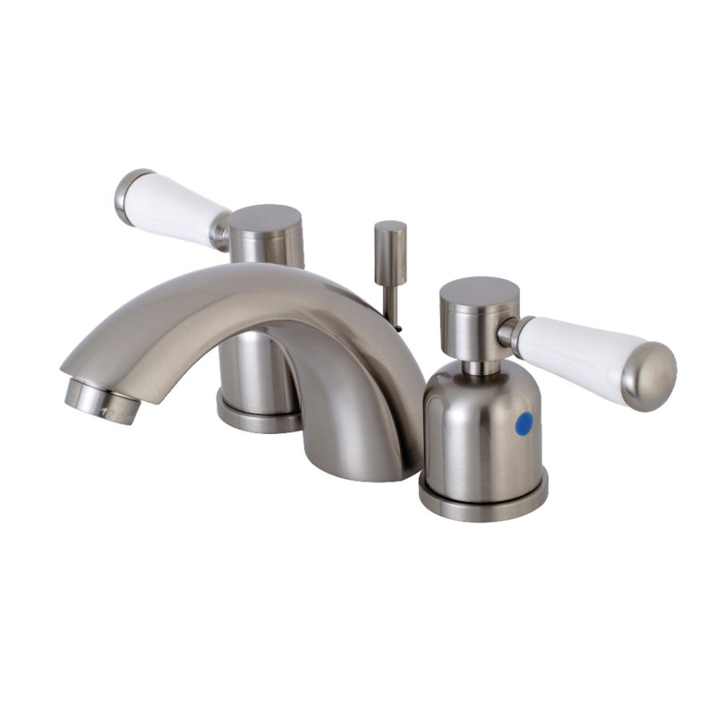 Kingston Brass Paris Two-Handle 3-Hole Deck Mount Mini-Widespread Bathroom Faucet with Plastic Pop-Up, Brushed Nickel