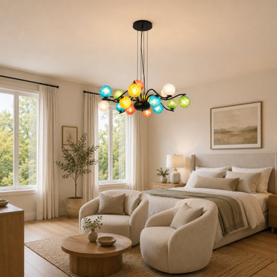 Lustre à 16 lumières en forme de branches avec globes en verre nébuleux colorés