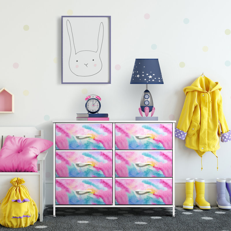  6 Drawers Dresser with Steel Frame, Wood Top, Fabric Bins - Tie-Dye Pink, Tie-Dye Pink
