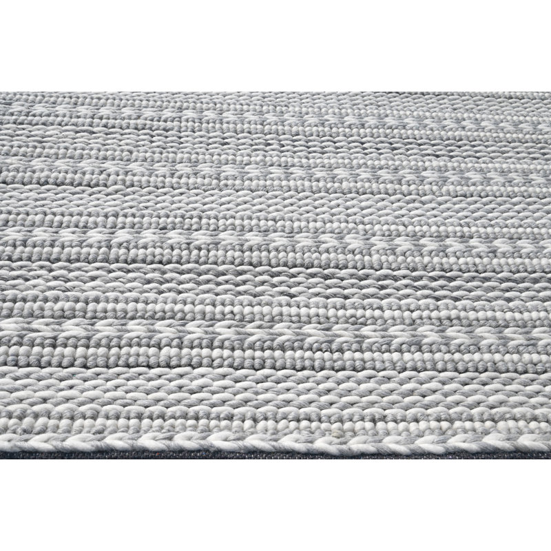 Tapis rayé en laine fabriqué à la main gris / blanc Jovany, Rectangle 7 pi 6 po x 9 pi 6 po