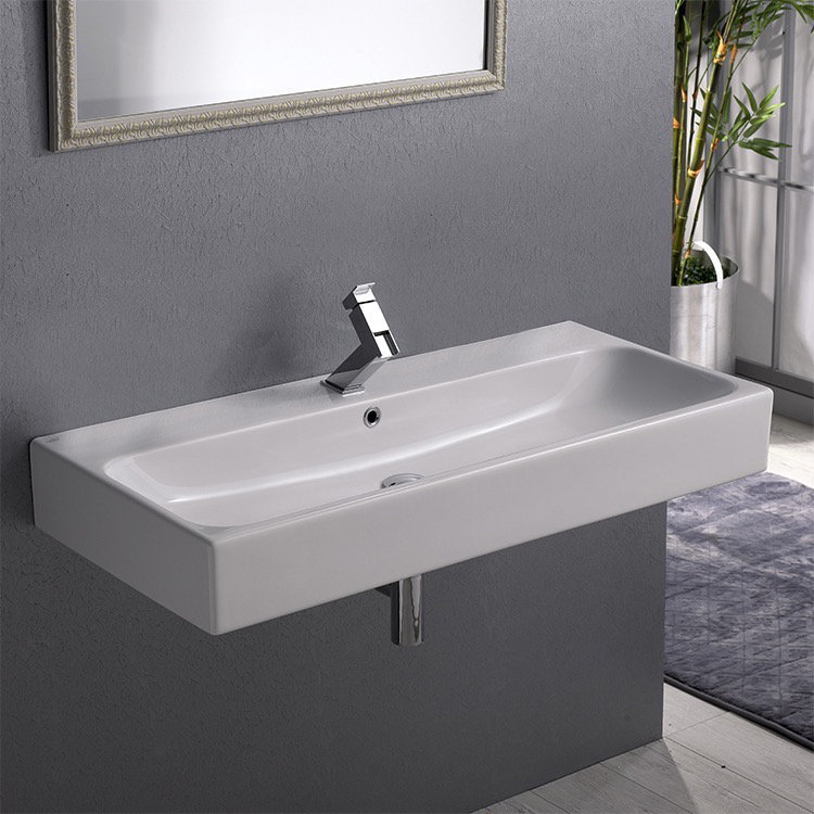 CeraStyle By Nameeks Pinto 18.3'' Glossy White Ceramic Rectangular Vessel, Wall Mount Bathroom Sink with Overflow