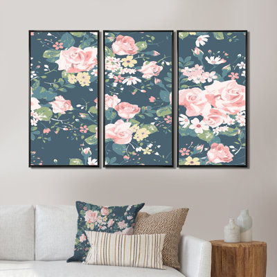 Roses rétro sur bleu marine - ensemble de 3 reproductions d'art encadrées sur toile