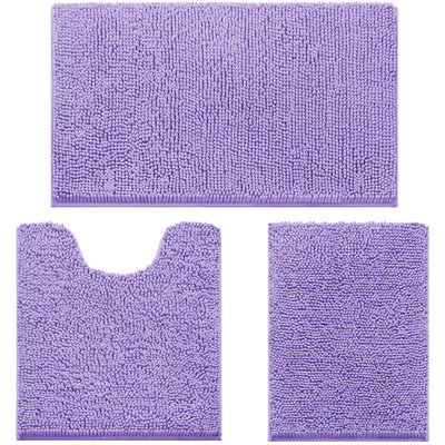  3 Pieces Bathroom Rugs, Ultra Soft Non Slip Absorbent Chenille Toilet Bath Mat Set (Lavender,17"x24"+20"x32"+U Shape 20"x24")