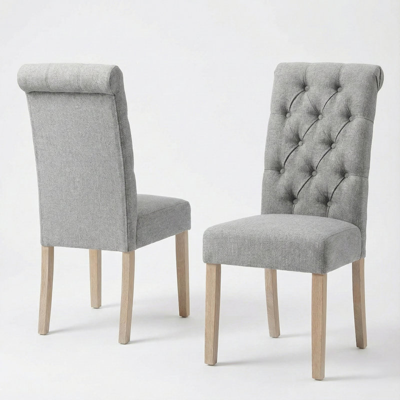 Monarda Roll Top Tufted Upholstered Side Chair, Light Gray
