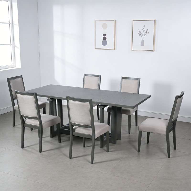 Ensemble de salle à manger extensible rustique à tréteaux 7 pièces (82 pouces) avec 6 chaises rembourrées et deux rallonges amovibles de 12 po