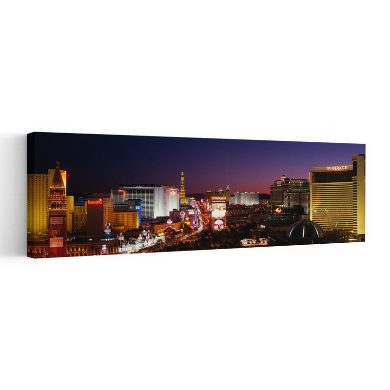 Buildings Lit Up At Night Las Vegas Nevada USA 1 Piece Wrapped Canvas Panoramic Wall Art, 30.48 cm H x 91.44 cm W