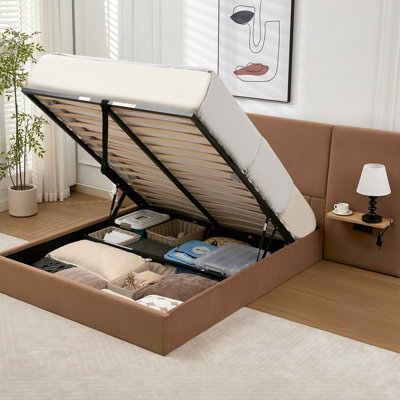 Structure de lit avec rangement à tête de lit allongée de 130,5 po avec station de charge et lumières DEL, lattes suspendues, tablette de rangement en bois, brun, grand