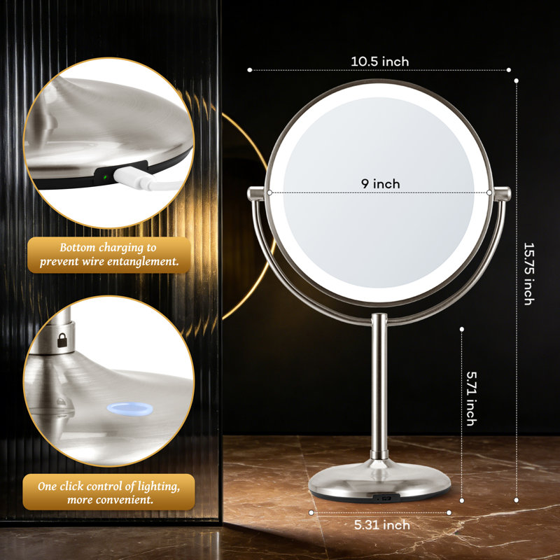 Miroir de maquillage lumineux pour coiffeuse rechargeable 9 po, miroir grossissant 1x / 20x avec 3 lumières à intensité variable, base de charge et interrupteur, nickel brossé