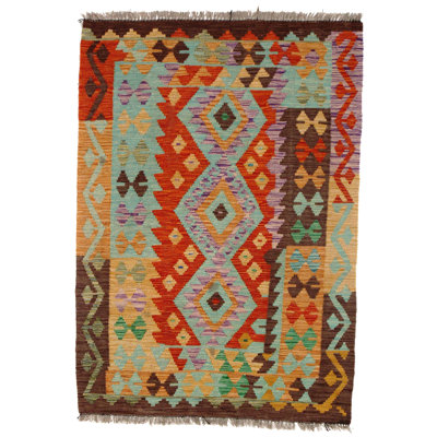 Tapis unique en laine noué à la main de 3 pi 6 po x 4 pi 11 po rouge / bleu