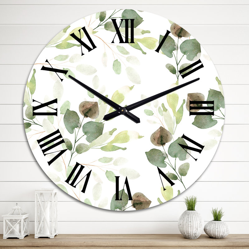 Feuilles vertes sur blanc - horloge murale à motifs, Médium