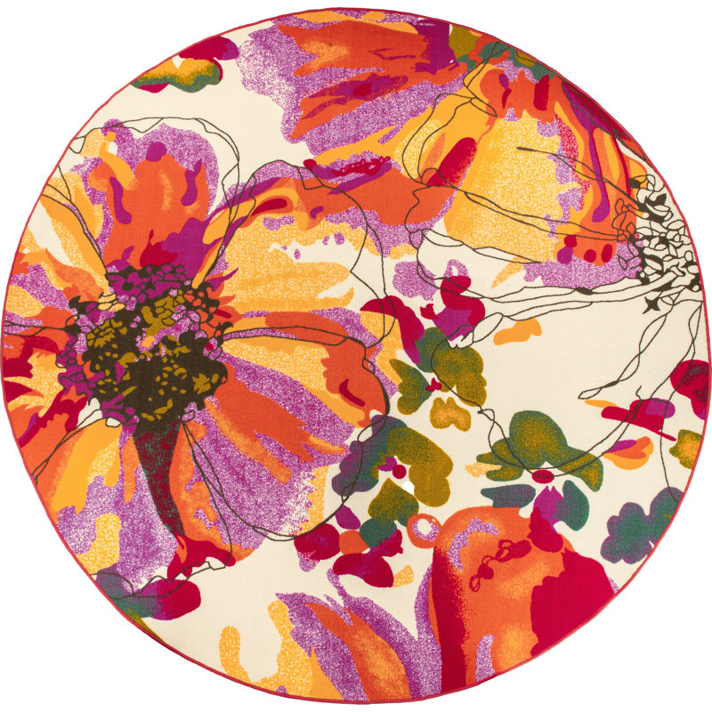 Florentia Floral Tufted Orange/Pink/Ivory Non-Slip Rubberback Area Rug, Round 8'