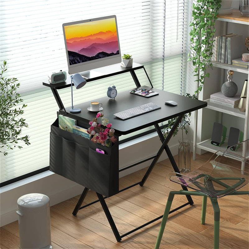 Folding Table With Monitor Stand, Small Computer Table With Storage Pocket And Hooks, Black