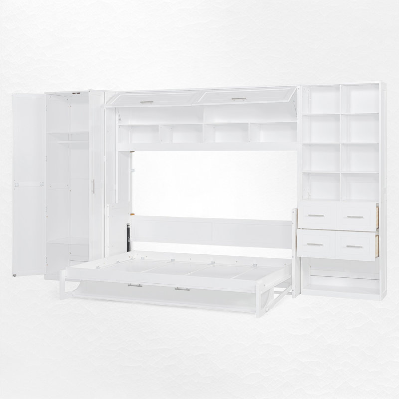Lit escamotable double avec garde-robe, tiroirs et tablettes