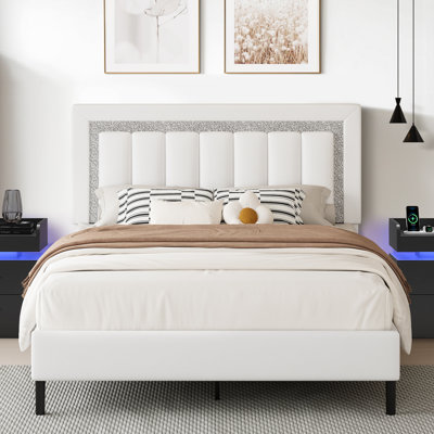Diamond Tufted Upholstered Platform Bed Frame  with  Matching LED Nightstands Bedroom Set