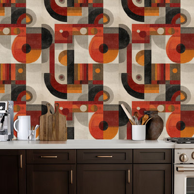 Peel and Stick Wallpaper Abstract Geometric Retro Red Shapes Contact Paper Removable Self Adhesive Wall Mural Wall Decor for Bedroom Kitchen Cabinets 24in x 118in