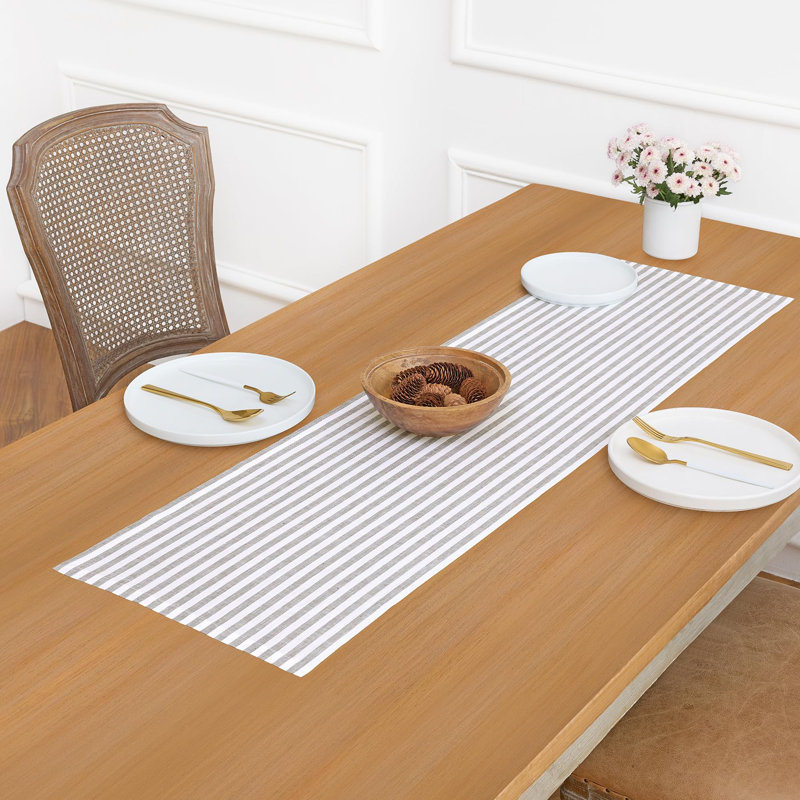 Amalfi Stripe - 100% Pure Linen Table Runner, 108" x 14", Gray/White